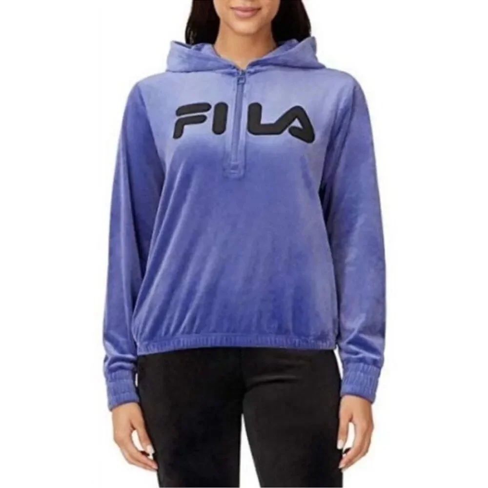 Fila- Women's Blue/Purple Velour Quarter Zip Hoodie, Size Large